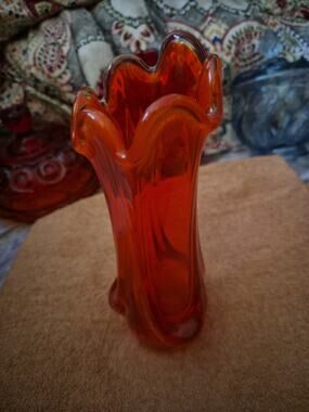 Vintage Viking Glass Swung Vase In The Epic Drape Pattern Orange To Red A...